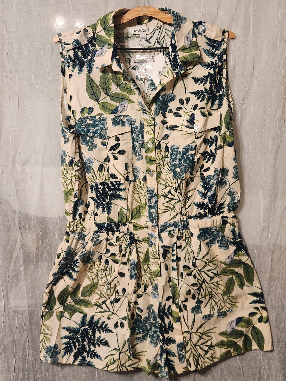 Davi & Dani Sleeveless Floral Shirt Dress - Cream with Green & Blue